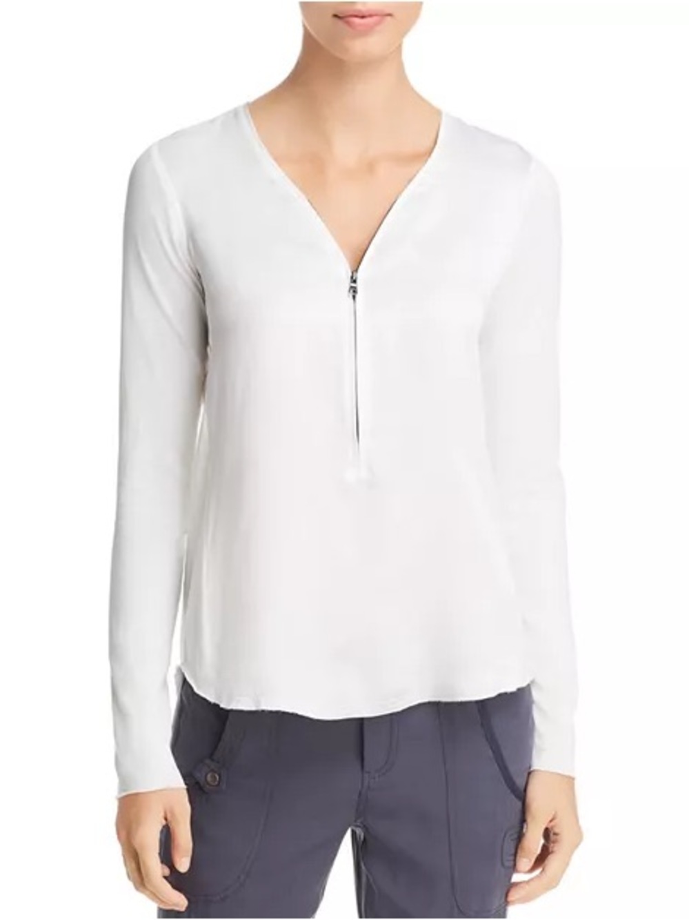 Go by Go Silk Women's White Long-Sleeve V-Neck Zip Front Top